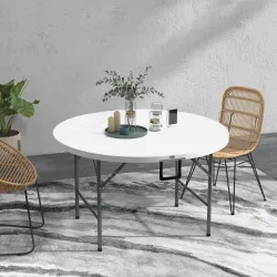 Mesa Auxiliar Redonda Mesa de Jardín Plegable con Marco de Acero y Encimera de HDPE Carga 80 kg Ø122x73 cm Blanco - Ogal.Es