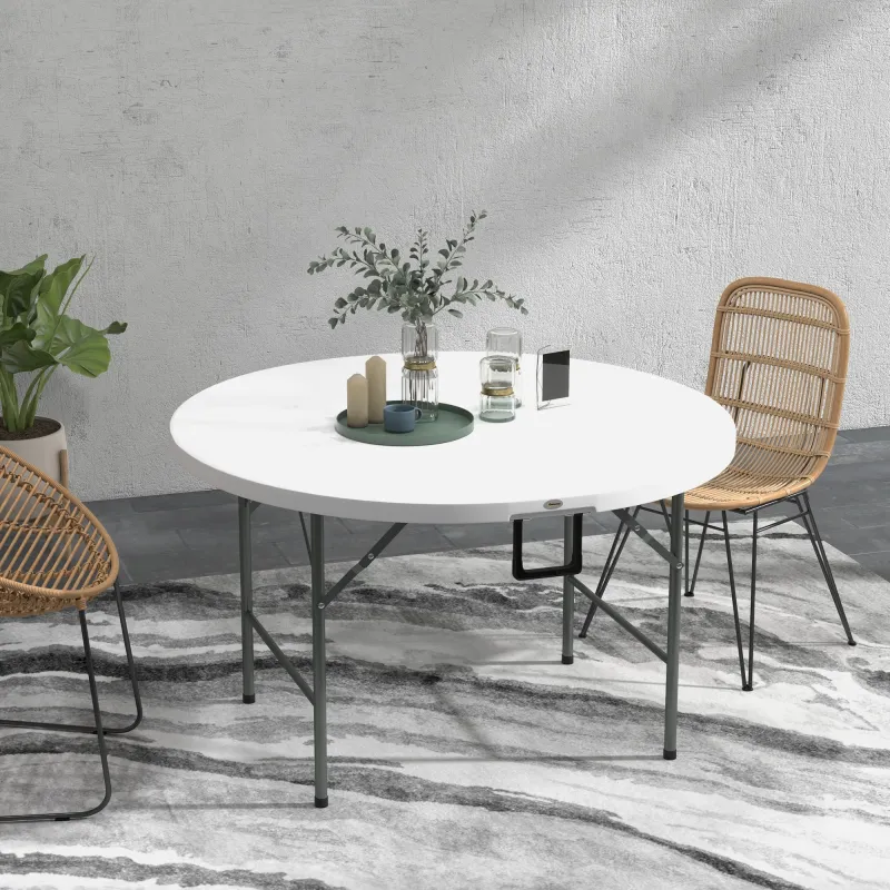 Mesa Auxiliar Redonda Mesa de Jardín Plegable con Marco de Acero y Encimera de HDPE Carga 80 kg Ø122x73 cm Blanco - Ogal.Es