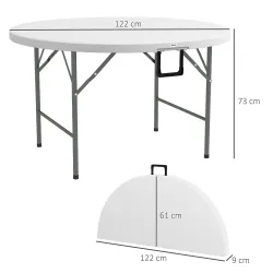 Mesa Auxiliar Redonda Mesa de Jardín Plegable con Marco de Acero y Encimera de HDPE Carga 80 kg Ø122x73 cm Blanco - Ogal.Es