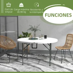 Mesa Auxiliar Redonda Mesa de Jardín Plegable con Marco de Acero y Encimera de HDPE Carga 80 kg Ø122x73 cm Blanco - Ogal.Es