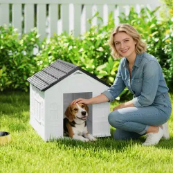 Casa para Perros 65x75,7x63 cm con Patrón de Ventana y Techo de Tejas de Imitación para Perros Medianos Gris y B... - Ogal.Es