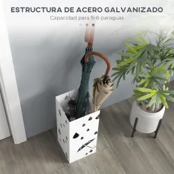 Paragüero Blanco Paragüero de Acero con 4 Ganchos y Bandeja de Goteo Extraíble para Pasillo Entrada 15,5x15,5x41 cm - Ogal.Es
