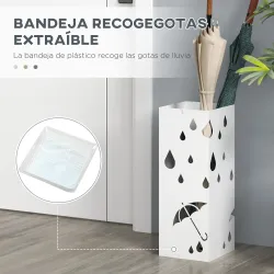 Paragüero Blanco Paragüero de Acero con 4 Ganchos y Bandeja de Goteo Extraíble para Pasillo Entrada 15,5x15,5x41 cm - Ogal.Es