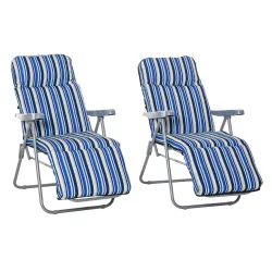 2 Tumbonas de Jardín de Acero con Cojín Acolchado Respaldo Ajustable y Reposapiés 60x75x65-102 cm Rayas Azul - Ogal.Es