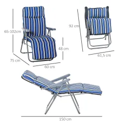 2 Tumbonas de Jardín de Acero con Cojín Acolchado Respaldo Ajustable y Reposapiés 60x75x65-102 cm Rayas Azul - Ogal.Es