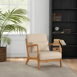 Butaca Nórdica Sillón de Salón Acolchado con Reposabrazos Cojín y Marco de Madera de Caucho 61x78x76 cm Beige - Ogal.Es