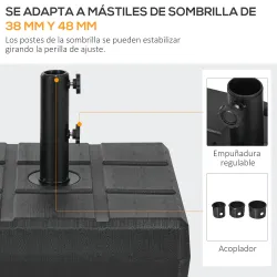 Soporte para Parasol Rellenable de Agua 30 kg y Arena 40 kg para Poste de Paraguas de Ø38/48 mm 49x49x36,5 cm Negro - Ogal.Es
