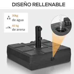Soporte para Parasol Rellenable de Agua 30 kg y Arena 40 kg para Poste de Paraguas de Ø38/48 mm 49x49x36,5 cm Negro - Ogal.Es