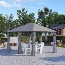 Cenador de Jardín 4x3 m con 6 Paredes Laterales 8 Orificios de Drenaje y Marco de Acero para Fiestas Patio Gris - Ogal.Es