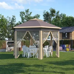Cenador de Jardín Hexagonal 4,05x3,4x2,85 m con Doble Techo 6 Mosquiteras Desmontables Bolsa y Anti-UV Beige - Ogal.Es
