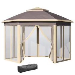 Cenador de Jardín Hexagonal 4,05x3,4x2,85 m con Doble Techo 6 Mosquiteras Desmontables Bolsa y Anti-UV Beige - Ogal.Es