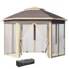 Cenador de Jardín Hexagonal 4,05x3,4x2,85 m con Doble Techo 6 Mosquiteras Desmontables Bolsa y Anti-UV Beige - Ogal.Es