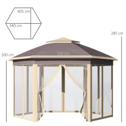 Cenador de Jardín Hexagonal 4,05x3,4x2,85 m con Doble Techo 6 Mosquiteras Desmontables Bolsa y Anti-UV Beige - Ogal.Es
