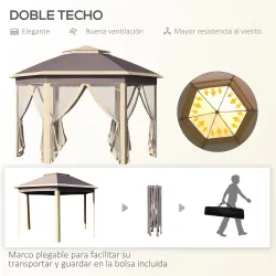Cenador de Jardín Hexagonal 4,05x3,4x2,85 m con Doble Techo 6 Mosquiteras Desmontables Bolsa y Anti-UV Beige - Ogal.Es