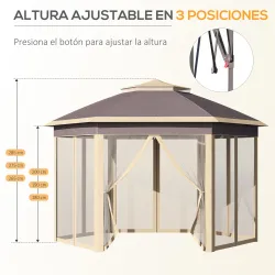 Cenador de Jardín Hexagonal 4,05x3,4x2,85 m con Doble Techo 6 Mosquiteras Desmontables Bolsa y Anti-UV Beige - Ogal.Es