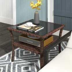 Mesa de Ratán PE Cuadrada 50x50x45 cm Mesa de Jardín con Estante Encimera de Cristal y Marco de Acero Carga 30 k... - Ogal.Es
