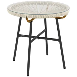 Mesa Auxiliar de Ratán Sintético Redonda para Exteriores con Encimera de Vidrio Templado Ø50x50 cm Crema - Ogal.Es