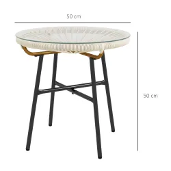 Mesa Auxiliar de Ratán Sintético Redonda para Exteriores con Encimera de Vidrio Templado Ø50x50 cm Crema - Ogal.Es