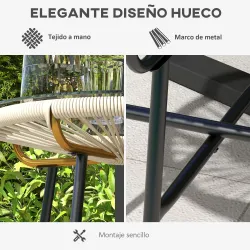 Mesa Auxiliar de Ratán Sintético Redonda para Exteriores con Encimera de Vidrio Templado Ø50x50 cm Crema - Ogal.Es