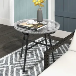 Mesa Auxiliar de Ratán Sintético Redonda para Exteriores con Encimera de Vidrio Templado Ø50x50 cm Gris - Ogal.Es