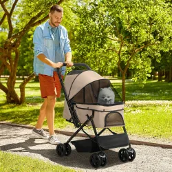 Carrito para Perros con Mango Reversible Cesta de Almacenamiento y Cuerda de Seguridad 76,5x52x95cm Marrón - Ogal.Es