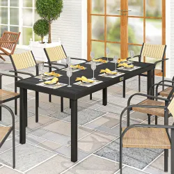 Mesa de Comedor Exterior 190x90x74 cm con Encimera de Listones y Estructura de Aluminio para Terraza Balcón Negro - Ogal.Es
