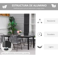 Mesa de Comedor Exterior 190x90x74 cm con Encimera de Listones y Estructura de Aluminio para Terraza Balcón Negro - Ogal.Es