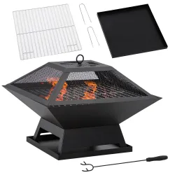 Brasero Exterior de Acero Pozo de Fuego para Jardín Multifuncional con Protector de Chispas y Atizador 45x45x34c... - Ogal.Es
