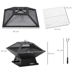 Brasero Exterior de Acero Pozo de Fuego para Jardín Multifuncional con Protector de Chispas y Atizador 45x45x34c... - Ogal.Es