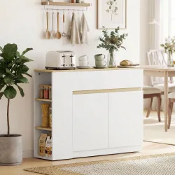 Aparador Armario de Cocina con 2 Puertas Cajón y 3 Estantes Abiertos para Salón Comedor 110x29,5x82 cm Blanco - Ogal.Es