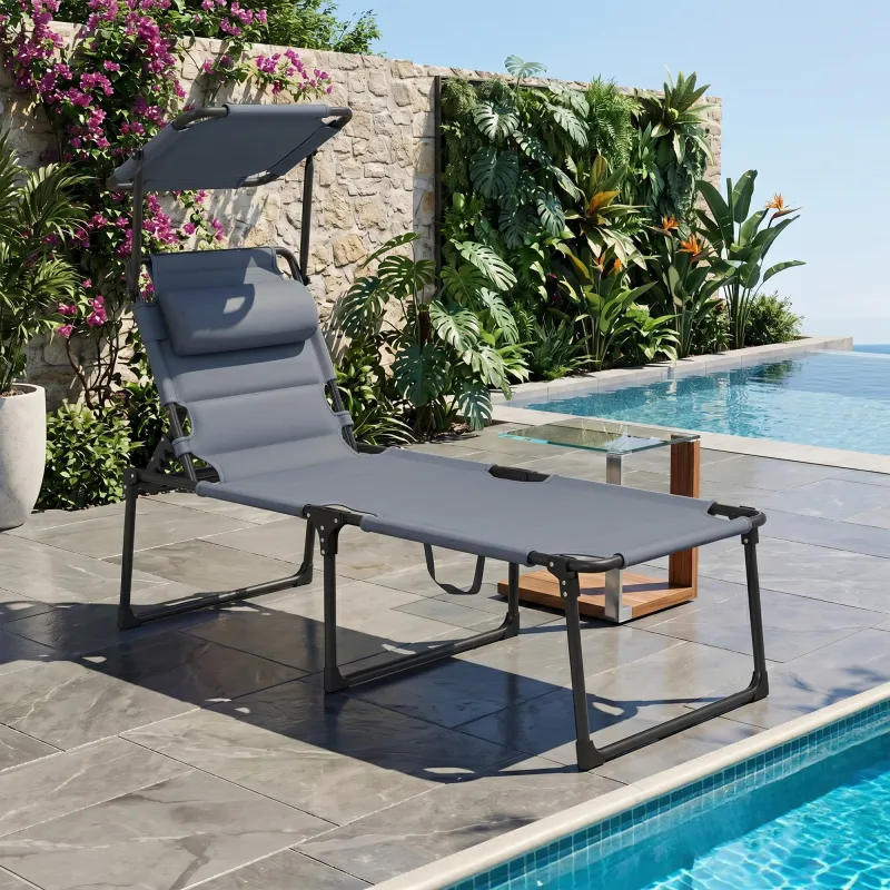 Tumbona de Jardín con Toldo Ajustable Respaldo Regulable en 4 Niveles Reposacabezas para Terraza 70x200x45 cm Gris - Ogal.Es