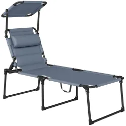 Tumbona de Jardín con Toldo Ajustable Respaldo Regulable en 4 Niveles Reposacabezas para Terraza 70x200x45 cm Gris - Ogal.Es