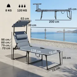 Tumbona de Jardín con Toldo Ajustable Respaldo Regulable en 4 Niveles Reposacabezas para Terraza 70x200x45 cm Gris - Ogal.Es