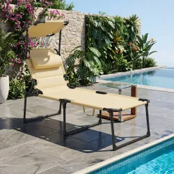 Tumbona de Jardín con Toldo Ajustable Respaldo Regulable en 4 Niveles Reposacabezas para Terraza 70x200x45 cm Crema - Ogal.Es