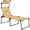 Tumbona de Jardín con Toldo Ajustable Respaldo Regulable en 4 Niveles Reposacabezas para Terraza 70x200x45 cm Crema - Ogal.Es