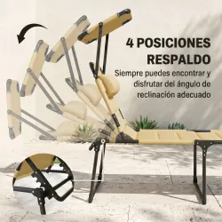 Tumbona de Jardín con Toldo Ajustable Respaldo Regulable en 4 Niveles Reposacabezas para Terraza 70x200x45 cm Crema - Ogal.Es