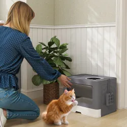 Arenero para Gatos Cubierto con Pala Cepillo 2 Puertas Entrada Principal y Salida Superior 48,5x38x36,5 cm Gris - Ogal.Es