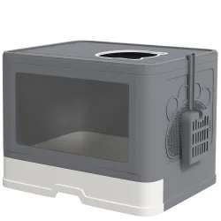 Arenero para Gatos Cubierto con Pala Cepillo 2 Puertas Entrada Principal y Salida Superior 48,5x38x36,5 cm Gris - Ogal.Es