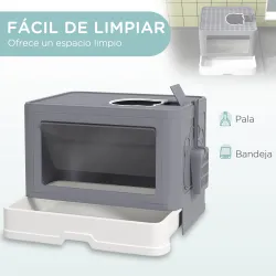 Arenero para Gatos Cubierto con Pala Cepillo 2 Puertas Entrada Principal y Salida Superior 48,5x38x36,5 cm Gris - Ogal.Es