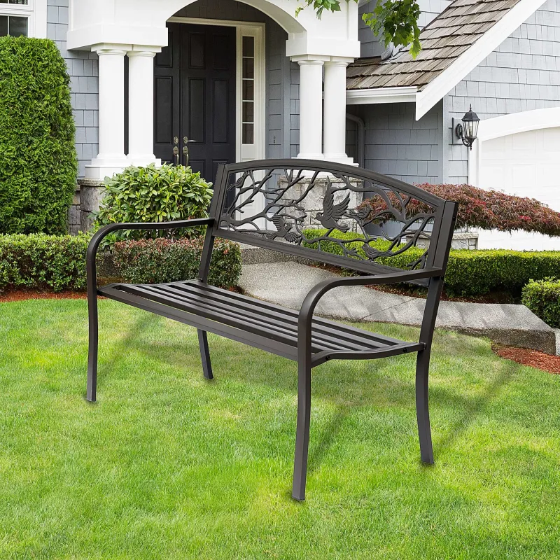 Banco de Jardín con Apoyabrazos y Respaldo con Imagen de Pájaros Carga 240 kg para Patio Terraza 127x60x85 cm Ma... - Ogal.Es