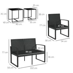 Conjunto de Muebles de Jardín de Ratán Sintético con 2 Sofás Individuales 1 Sofá Doble y 2 Mesas de Centro Negro - Ogal.Es