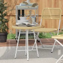 Mesa Auxiliar de Ratán Sintético con Tablero de Madera Plástica y Marco de Acero Galvanizado 50x50x55 cm Natural - Ogal.Es