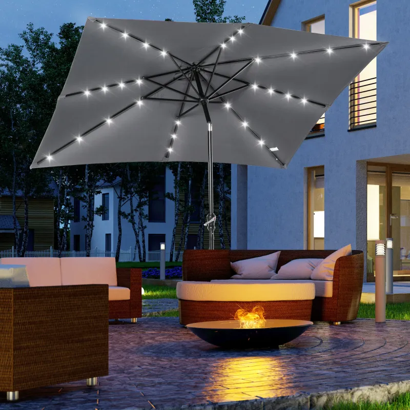 Parasol de Terraza 2,7x2x2,5 m con Techo Inclinable hasta 45° Luces LED Solares e Impermeable Gris Oscuro - Ogal.Es