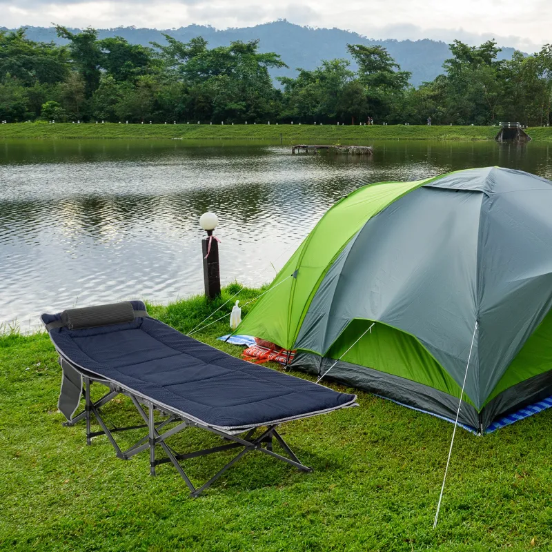 Cama de Acampada con Cojín Almohada Bolsillo Bolsa de Transporte y Marco de Acero Carga 150 kg 188x64,5x53 cm Azul - Ogal.Es