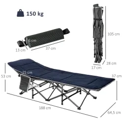 Cama de Acampada con Cojín Almohada Bolsillo Bolsa de Transporte y Marco de Acero Carga 150 kg 188x64,5x53 cm Azul - Ogal.Es