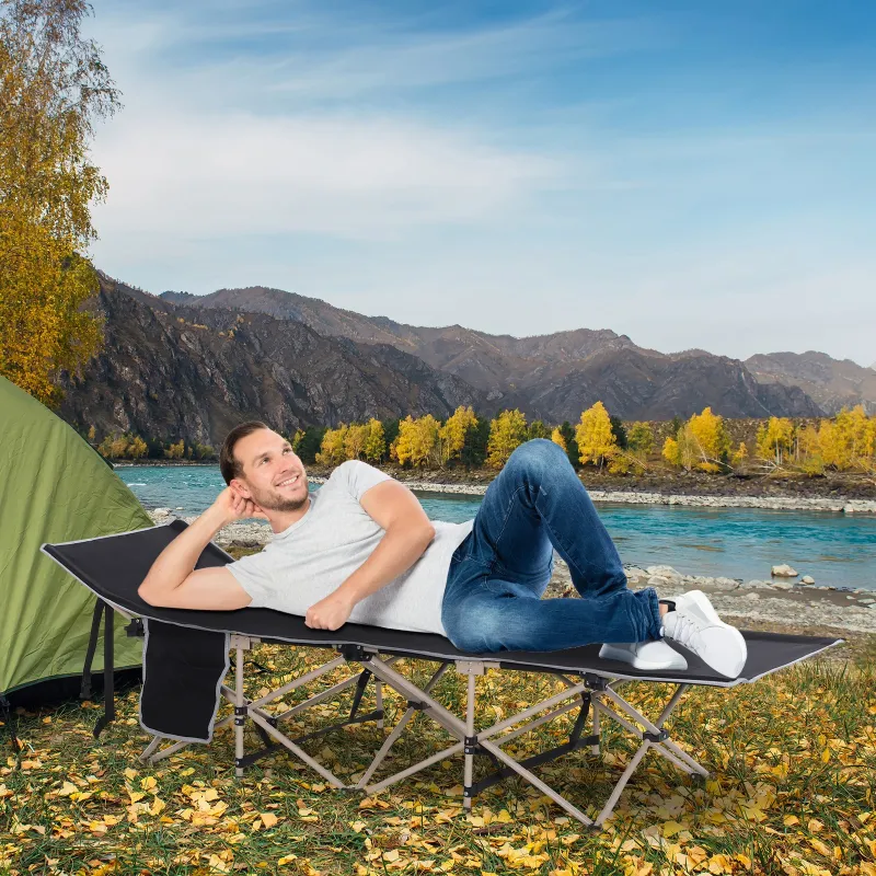 Cama de Acampada con 1 Bolsillo Lateral Bolsa de Transporte y Marco de Acero Carga 150 kg 190x68x52 cm Negro - Ogal.Es
