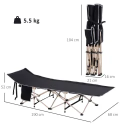 Cama de Acampada con 1 Bolsillo Lateral Bolsa de Transporte y Marco de Acero Carga 150 kg 190x68x52 cm Negro - Ogal.Es