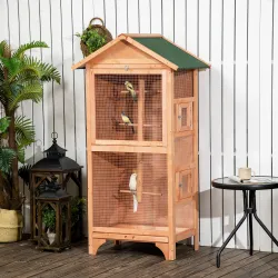 Jaula para Pájaros de Madera con 3 Puertas 4 Perchas Bandeja Extraíble y Techo Asfáltico 80,5x57x153 cm Natural - Ogal.Es