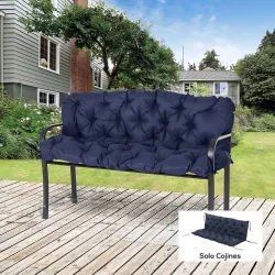 Colchón de Banco de 3 Plazas 150x98x8 cm con 6 Cordones de Fijación para Jardín Terraza Balcón Exterior Azul - Ogal.Es