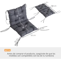 Conjunto de 2 Cojines para Silla 50x98x8 cm con Respaldo 6 Cordones de Fijación para Jardín Terraza Balcón Gris ... - Ogal.Es